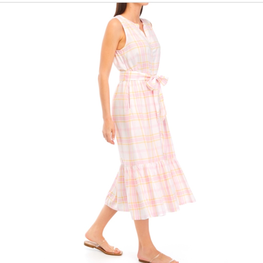 Womens size medium Chaps NWT pink & yellow plaid button front dress with pockets - Picture 3 of 13